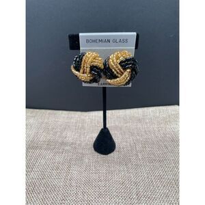 Bohemian Crystal Clip On Earrings Black Hold Knot Style